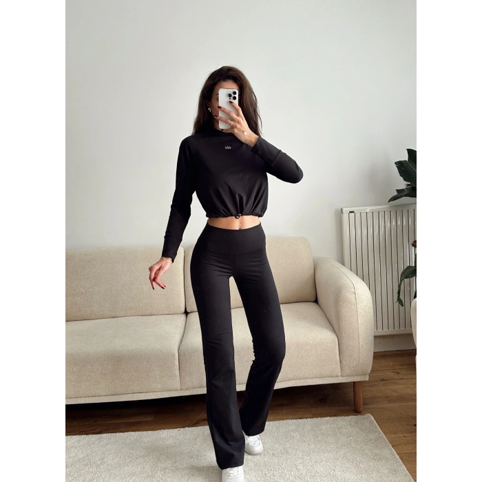 Marka Bel Lastik Crop & Taytlı Takım - SİYAH