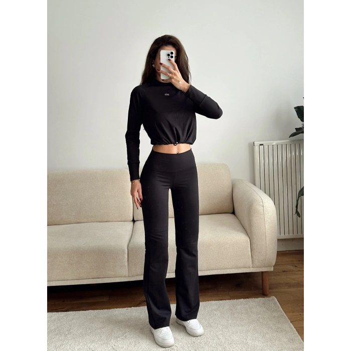 Marka Bel Lastik Crop & Taytlı Takım - SİYAH