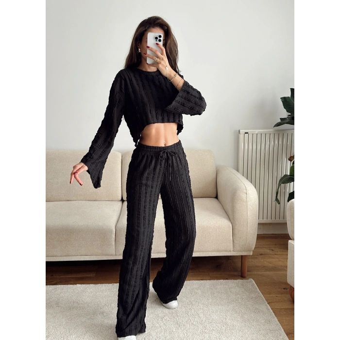 Salaş Crop & Pantolon Takım - SİYAH