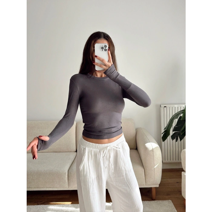 Parmak Geçmeli Basic Crop - GRİ