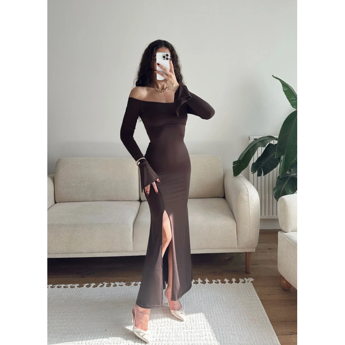 İspanyol Kol Yırtmaçlı Elbise - KAHVE