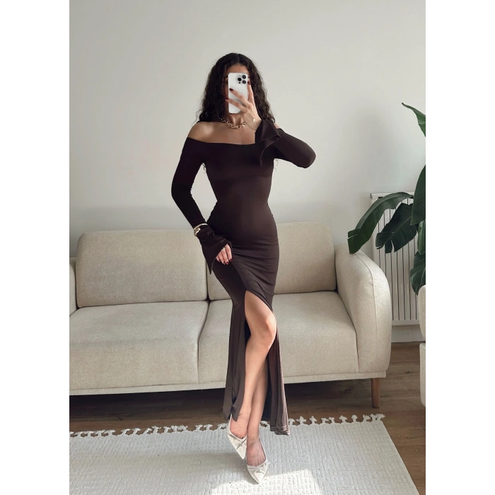 İspanyol Kol Yırtmaçlı Elbise - KAHVE