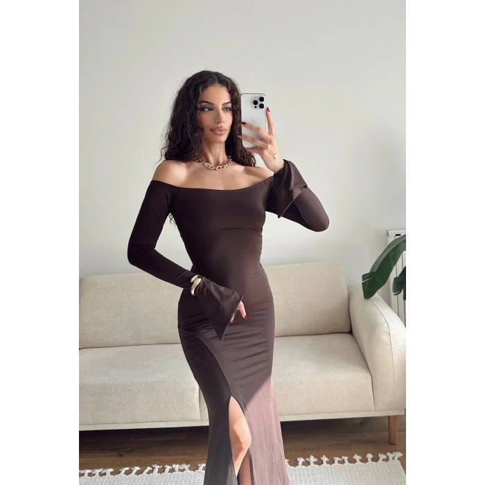 İspanyol Kol Yırtmaçlı Elbise - KAHVE