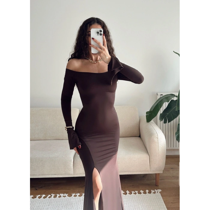 İspanyol Kol Yırtmaçlı Elbise - KAHVE