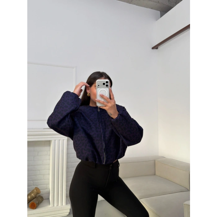 Desenli Oversize Crop Ceket - LACİVERT