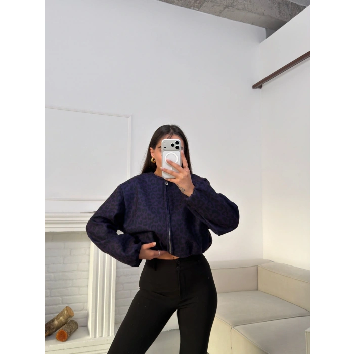 Desenli Oversize Crop Ceket - LACİVERT