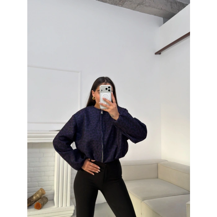 Desenli Oversize Crop Ceket - LACİVERT