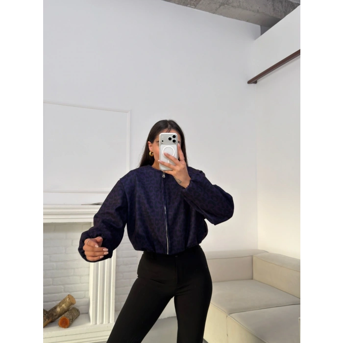 Desenli Oversize Crop Ceket - LACİVERT