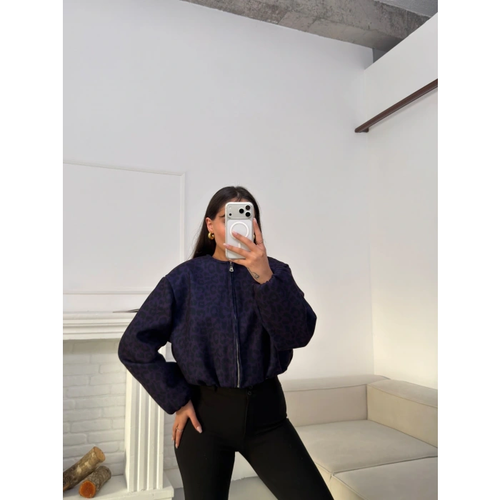 Desenli Oversize Crop Ceket - LACİVERT