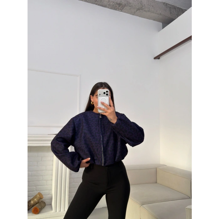 Desenli Oversize Crop Ceket - LACİVERT