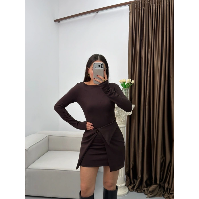 Etekli Parçalı Elbise - KAHVE