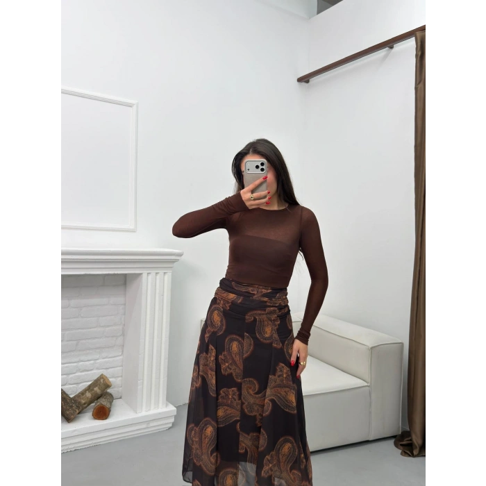 Astarlı Desenli Şifon Etek - KAHVE