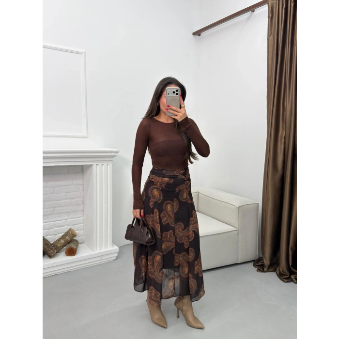 Astarlı Desenli Şifon Etek - KAHVE