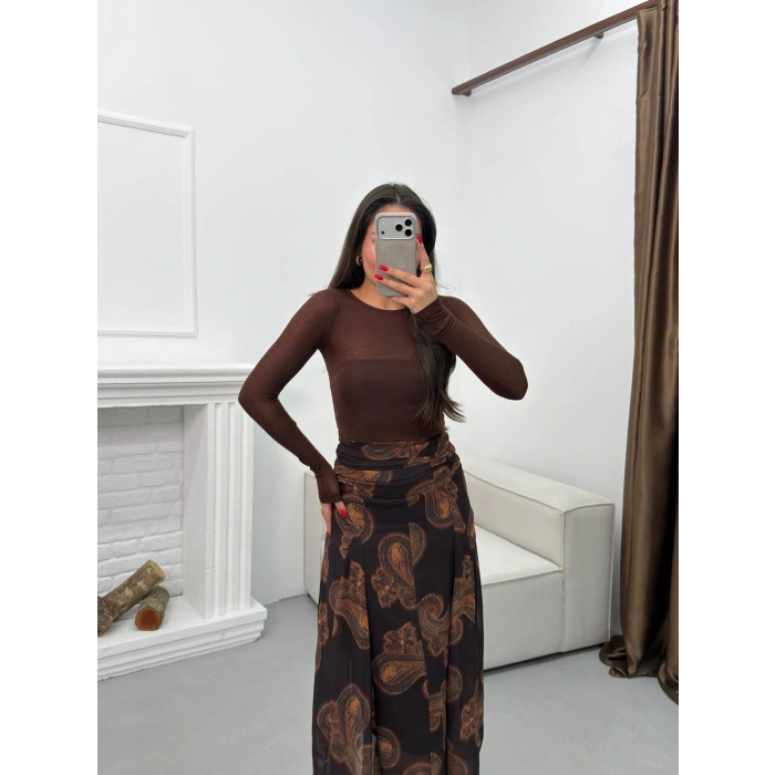 Astarlı Desenli Şifon Etek - KAHVE