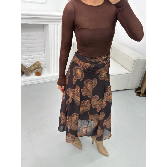 Astarlı Desenli Şifon Etek - KAHVE