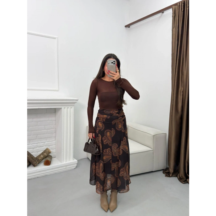 Astarlı Desenli Şifon Etek - KAHVE