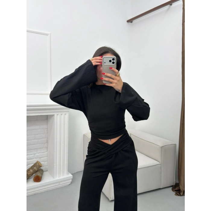 Kruvaze Volanlı İkili Takım - SİYAH