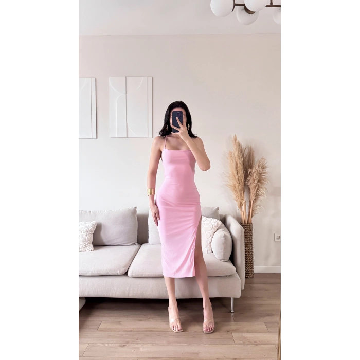 Sırt Dekolte Derin Yırtmaç Elbise - PEMBE