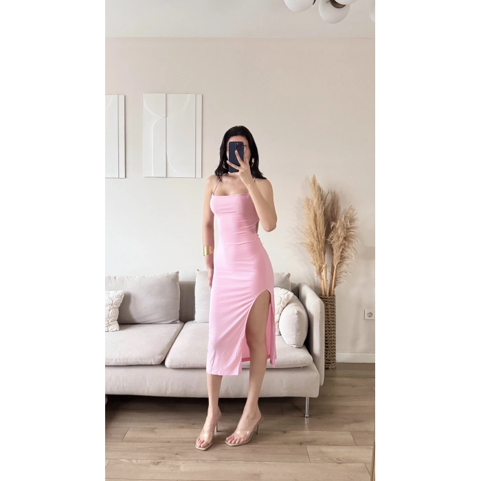 Sırt Dekolte Derin Yırtmaç Elbise - PEMBE