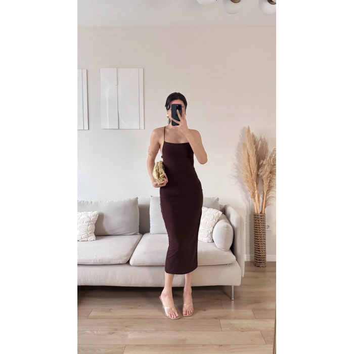 Sırt Dekolte Derin Yırtmaç Elbise - KAHVE