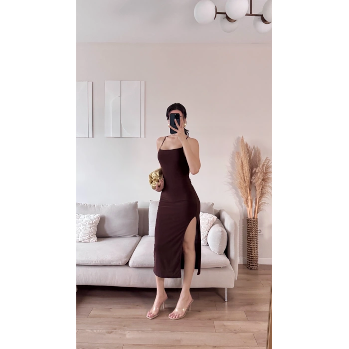Sırt Dekolte Derin Yırtmaç Elbise - KAHVE