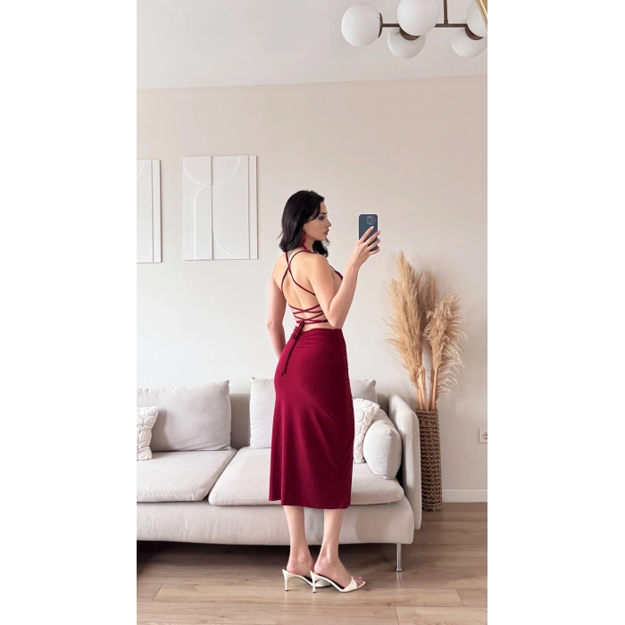 Sırt Dekolte Derin Yırtmaç Elbise - BORDO