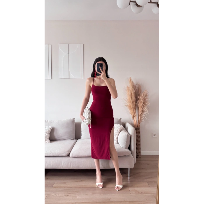 Sırt Dekolte Derin Yırtmaç Elbise - BORDO