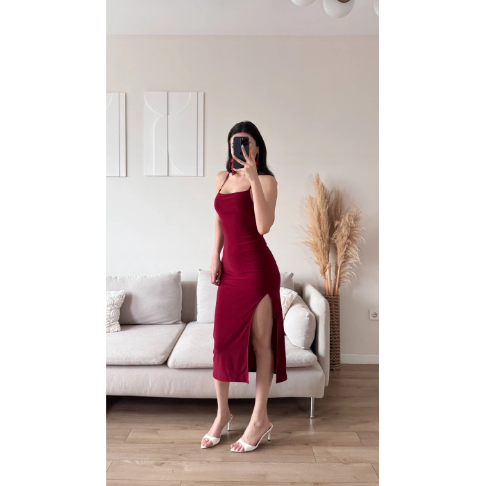 Sırt Dekolte Derin Yırtmaç Elbise - BORDO