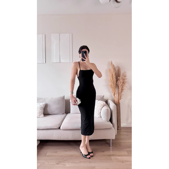 Sırt Dekolte Derin Yırtmaç Elbise - SİYAH