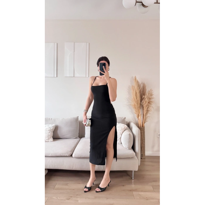 Sırt Dekolte Derin Yırtmaç Elbise - SİYAH