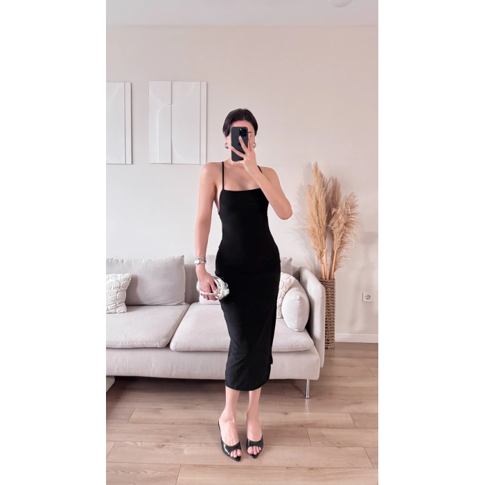 Sırt Dekolte Derin Yırtmaç Elbise - SİYAH