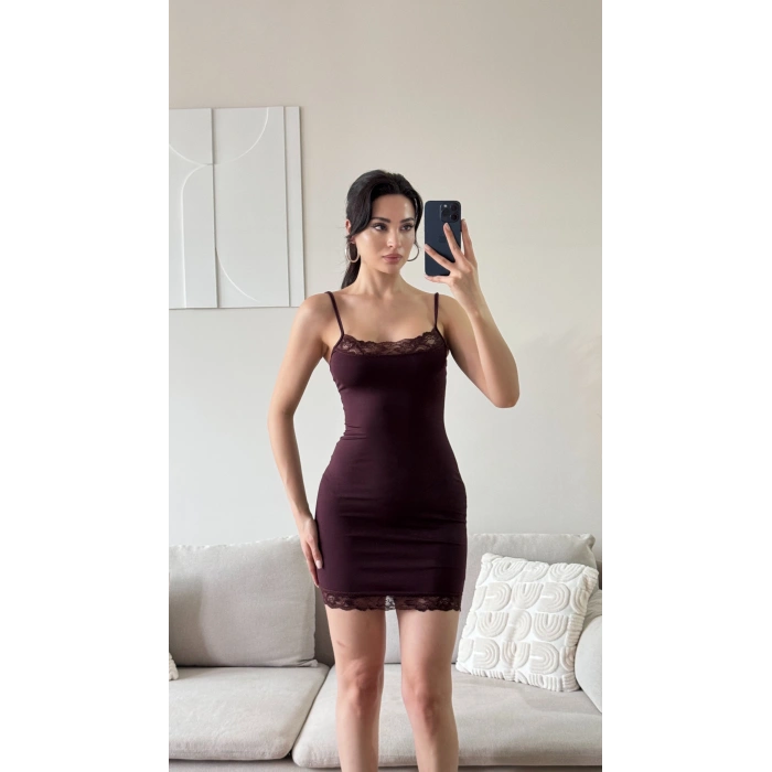 Dantel Detaylı Askılı Elbise - KAHVE