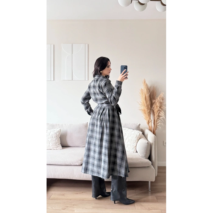 Ekose Kuşaklı Gömlek Elbise - GRİ