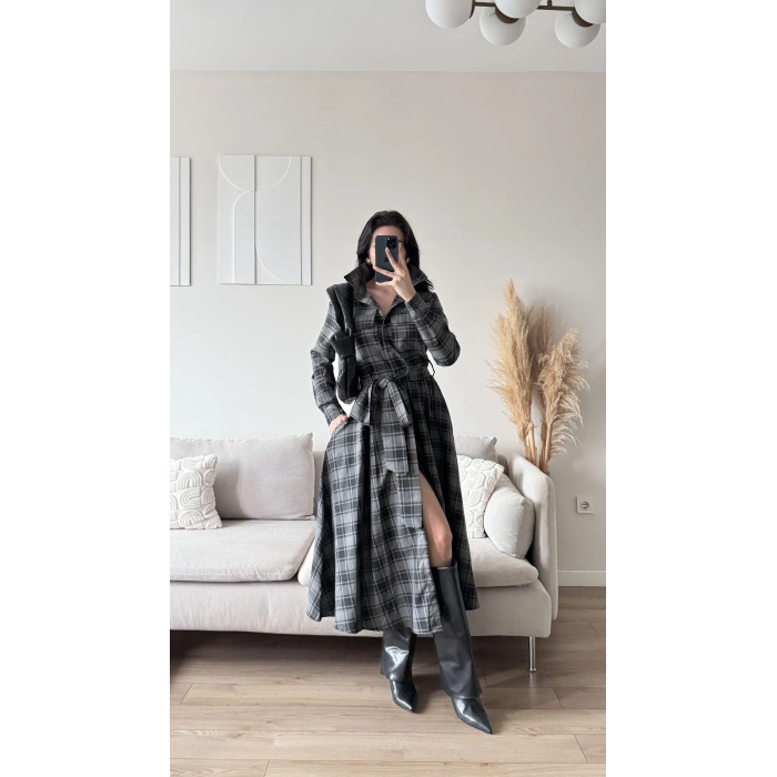 Ekose Kuşaklı Gömlek Elbise - GRİ