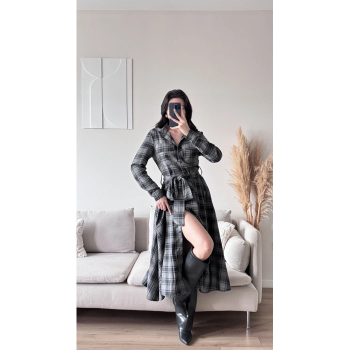 Ekose Kuşaklı Gömlek Elbise - GRİ