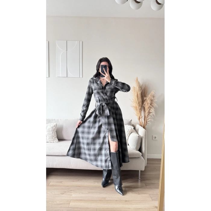 Ekose Kuşaklı Gömlek Elbise - GRİ