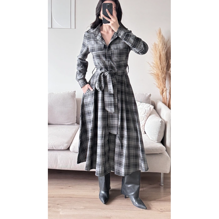 Ekose Kuşaklı Gömlek Elbise - GRİ