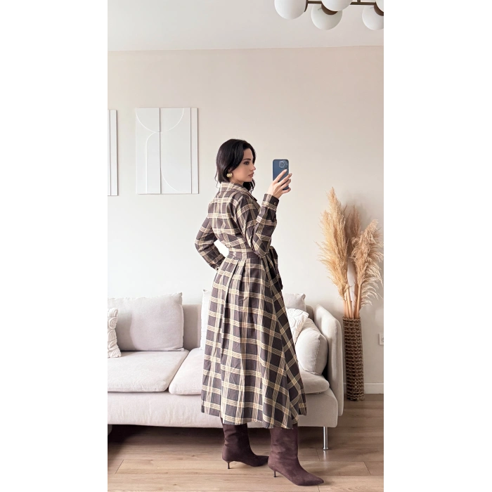 Ekose Kuşaklı Gömlek Elbise - KAHVE