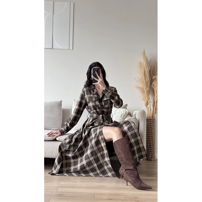 Ekose Kuşaklı Gömlek Elbise - KAHVE