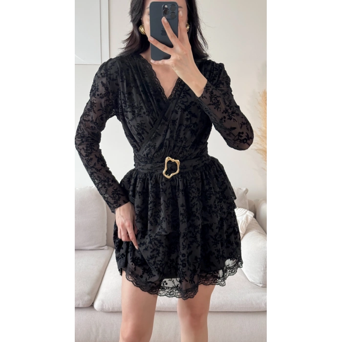 Kruvaze Kemerli Dantel Elbise - SİYAH