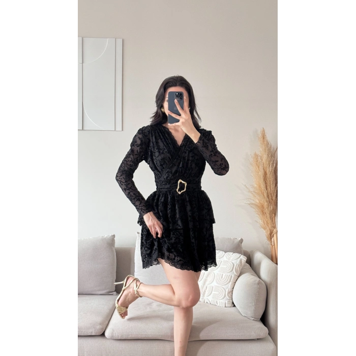 Kruvaze Kemerli Dantel Elbise - SİYAH