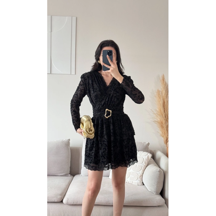 Kruvaze Kemerli Dantel Elbise - SİYAH