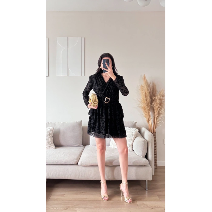 Kruvaze Kemerli Dantel Elbise - SİYAH