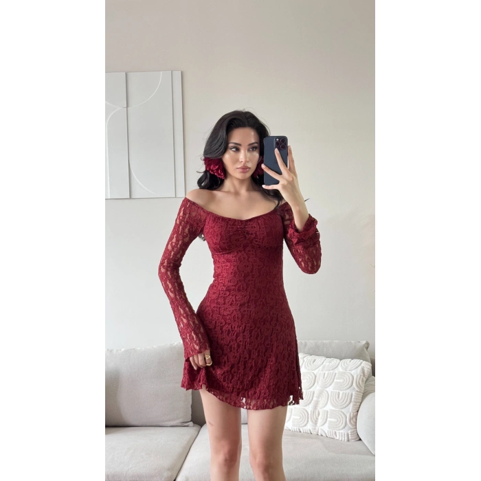 Madonna Yaka Dantel Astarlı Elbise - BORDO