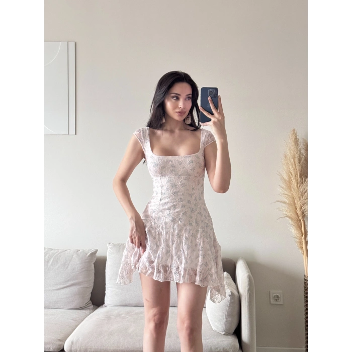 Sırt Bağlamalı Dantel Elbise - BEYAZ