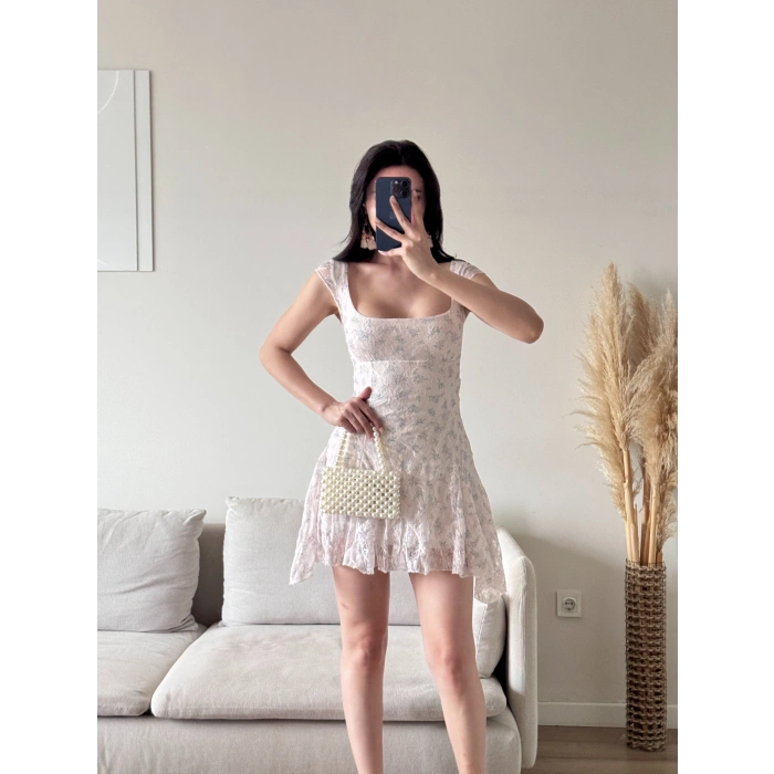 Sırt Bağlamalı Dantel Elbise - BEYAZ