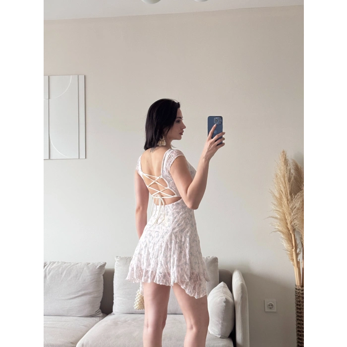 Sırt Bağlamalı Dantel Elbise - BEYAZ