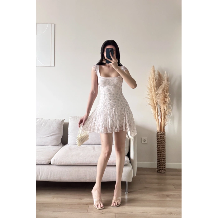 Sırt Bağlamalı Dantel Elbise - BEYAZ