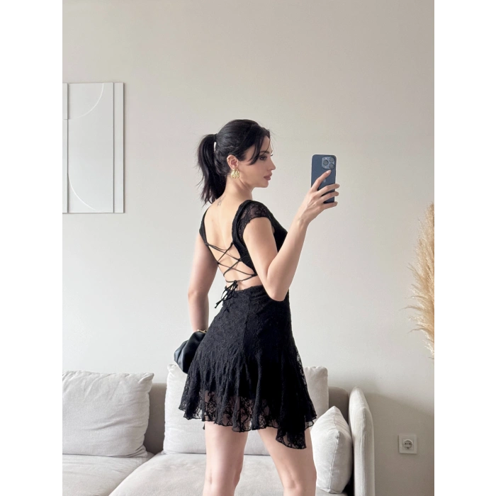 Sırt Bağlamalı Dantel Elbise - SİYAH