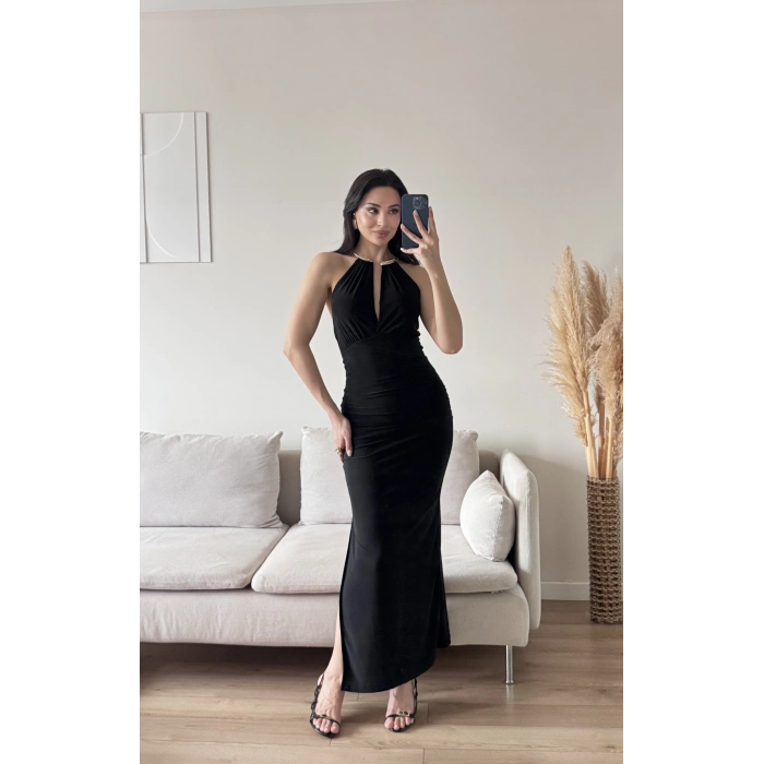 Boyun Aksesuar Degaje Elbise - SİYAH